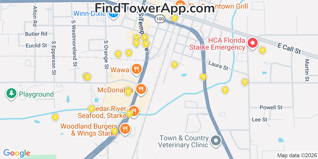 Map showing the 20 primary cell tower locations detected in Starke, Florida from AT&T, Verizon, and T-Mobile networks