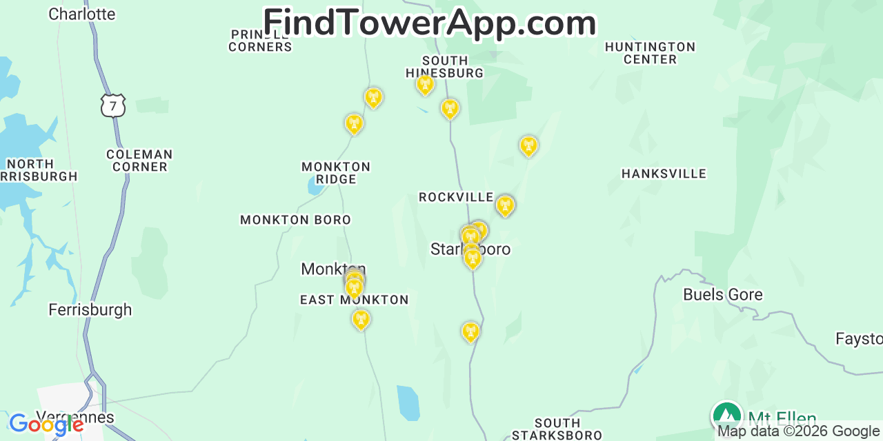 Map showing the 20 primary cell tower locations detected in Starksboro, Vermont from AT&T, Verizon, and T-Mobile networks