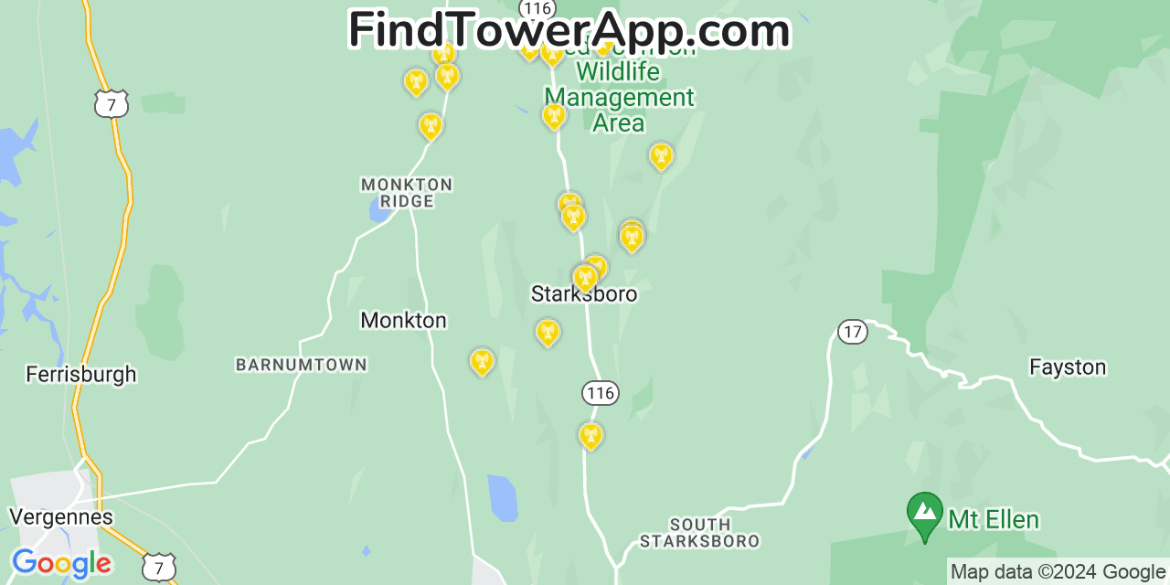 Verizon 4G/5G cell tower coverage map Starksboro, Vermont