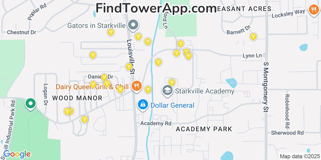 Map showing the 20 primary cell tower locations detected in Starkville, Mississippi from AT&T, Verizon, and T-Mobile networks