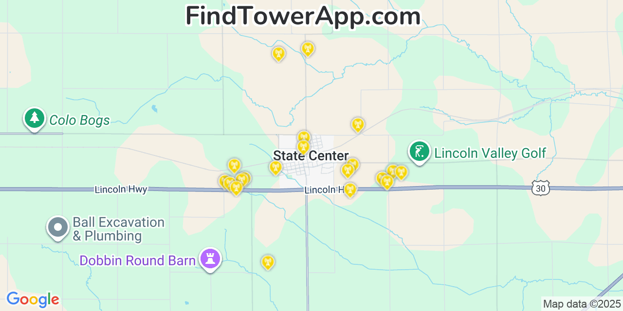 Map showing the 20 primary cell tower locations detected in State Center, Iowa from AT&T, Verizon, and T-Mobile networks