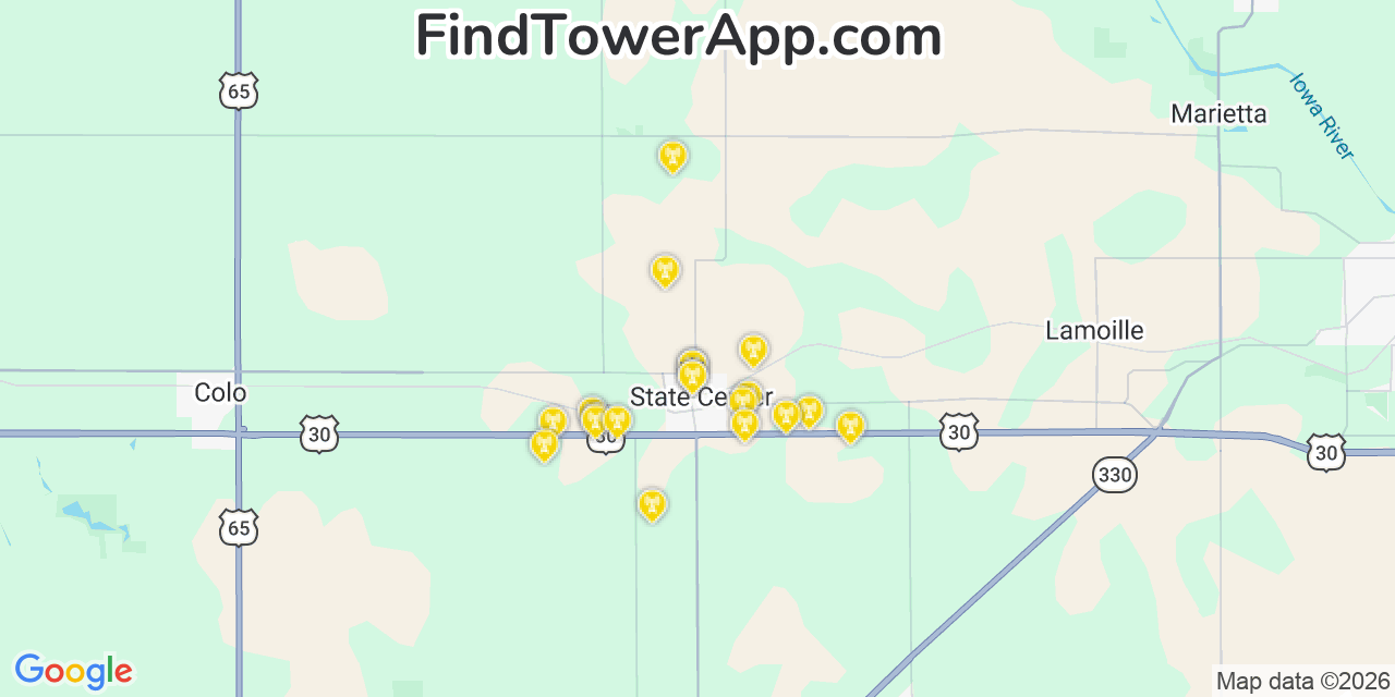 Map showing the 20 primary cell tower locations detected in State Center, Iowa from AT&T, Verizon, and T-Mobile networks