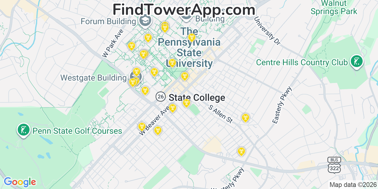Map showing the 20 primary cell tower locations detected in State College, Pennsylvania from AT&T, Verizon, and T-Mobile networks