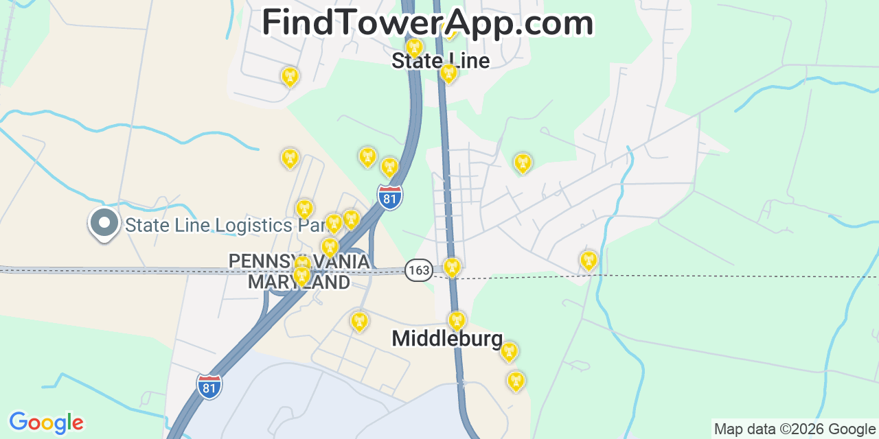 Map showing the 20 primary cell tower locations detected in State Line, Pennsylvania from AT&T, Verizon, and T-Mobile networks