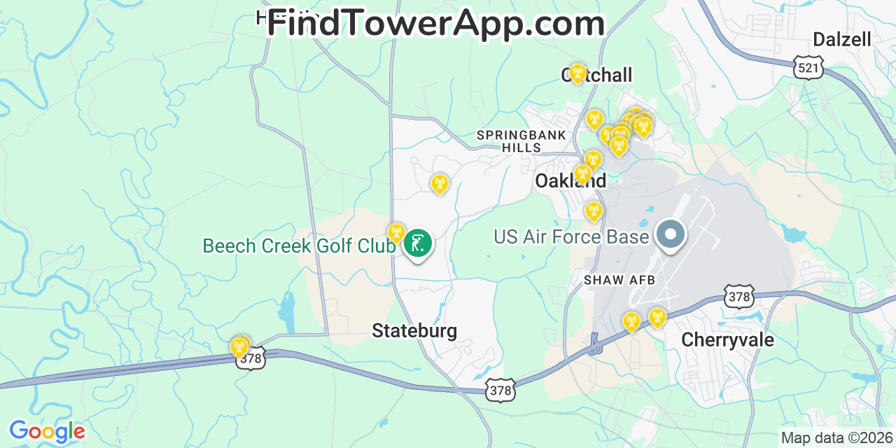 Map showing the 20 primary cell tower locations detected in Stateburg, South Carolina from AT&T, Verizon, and T-Mobile networks