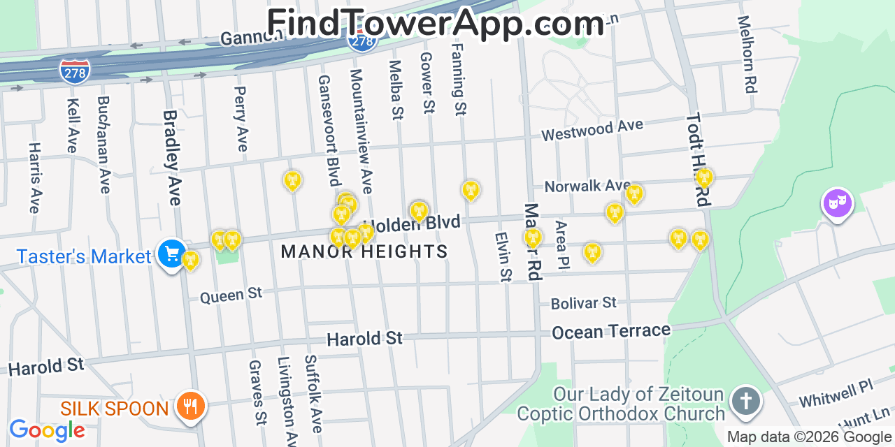 Map showing the 20 primary cell tower locations detected in Staten Island, New York from AT&T, Verizon, and T-Mobile networks