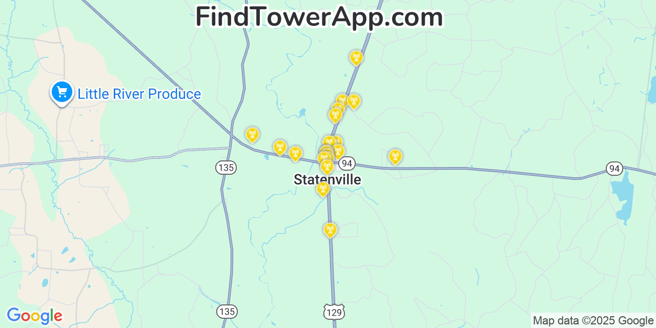 Map showing the 20 primary cell tower locations detected in Statenville, Georgia from AT&T, Verizon, and T-Mobile networks
