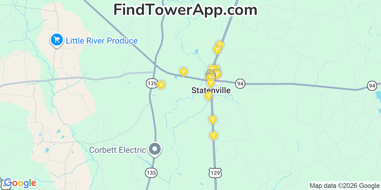 Map showing the 20 primary cell tower locations detected in Statenville, Georgia from AT&T, Verizon, and T-Mobile networks