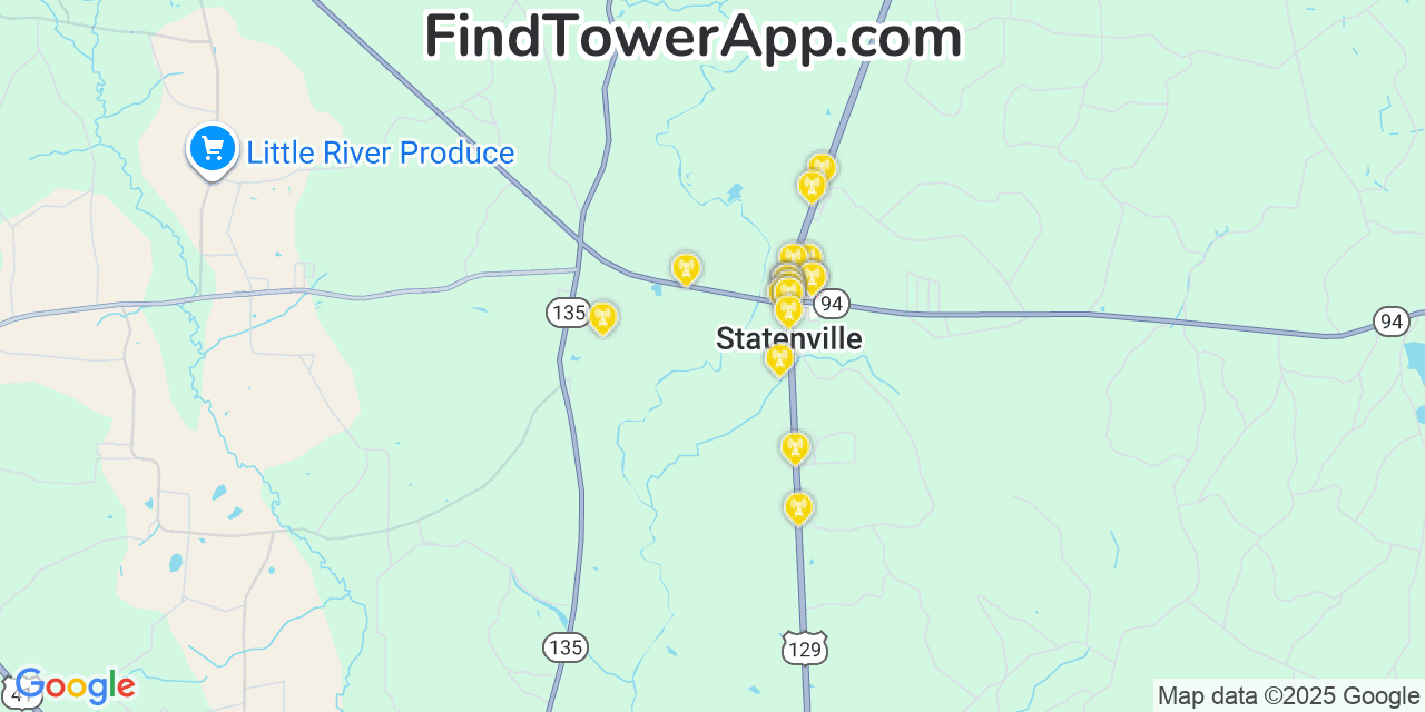 Map showing the 20 primary Mobitel cell tower locations detected in Statenville, Georgia with coverage radius and signal strength indicators