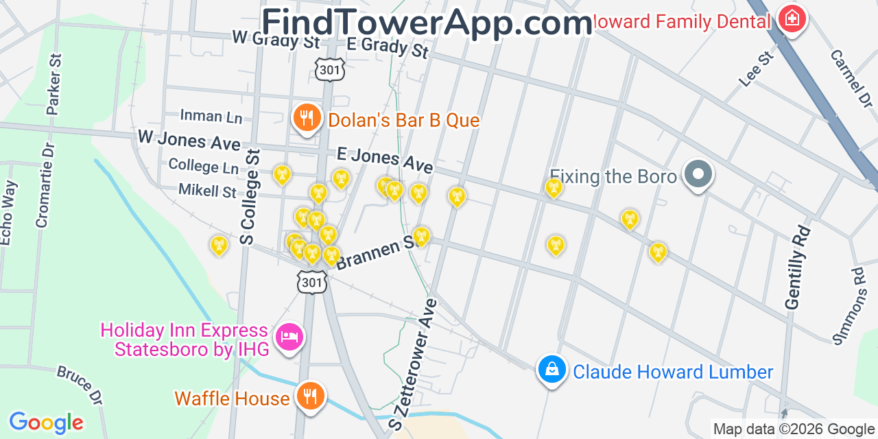 Map showing the 20 primary cell tower locations detected in Statesboro, Georgia from AT&T, Verizon, and T-Mobile networks