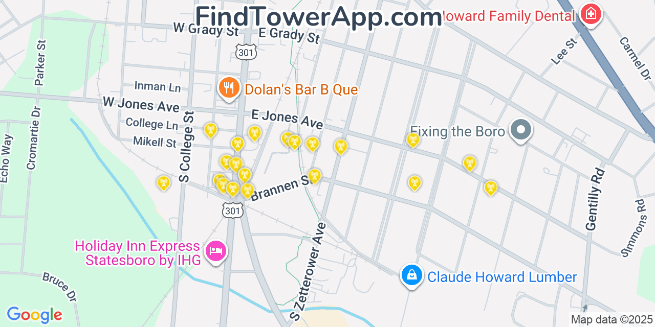Map showing the 20 primary Mobitel cell tower locations detected in Statesboro, Georgia with coverage radius and signal strength indicators