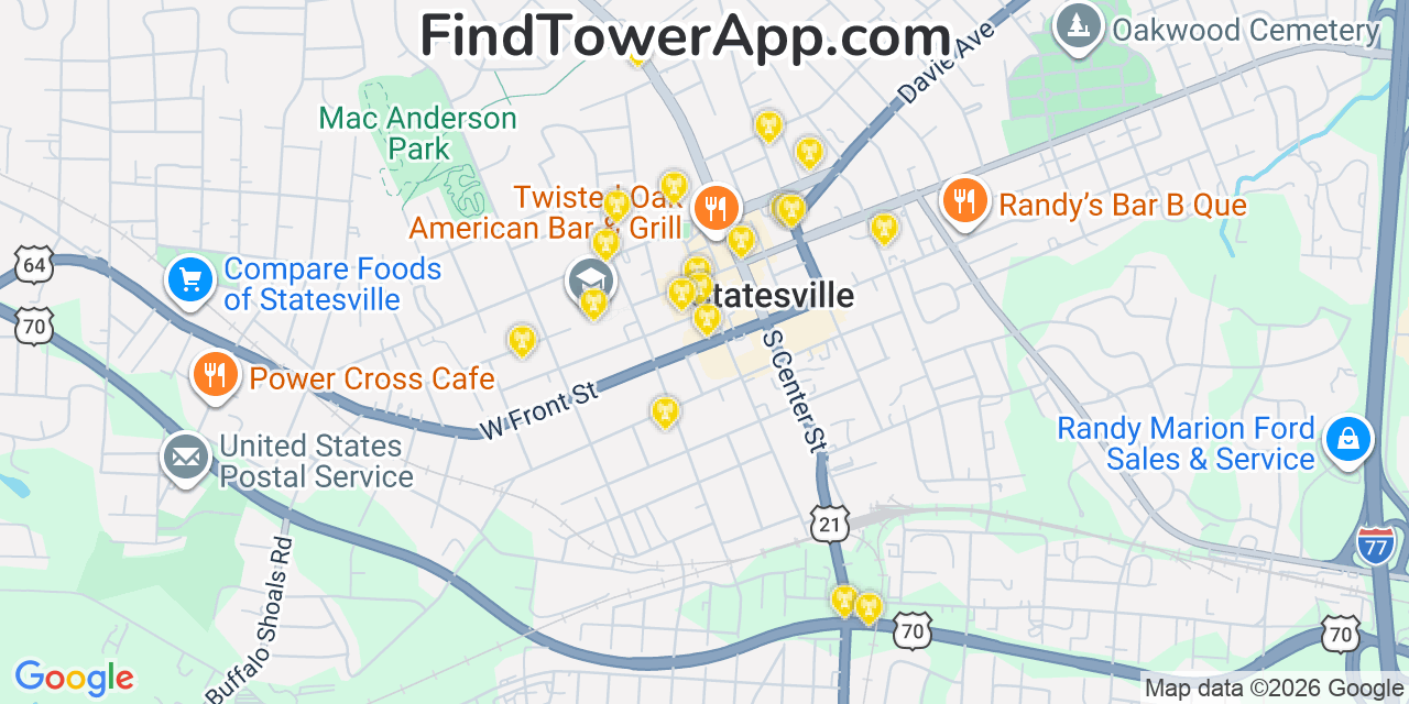 Map showing the 20 primary cell tower locations detected in Statesville, North Carolina from AT&T, Verizon, and T-Mobile networks