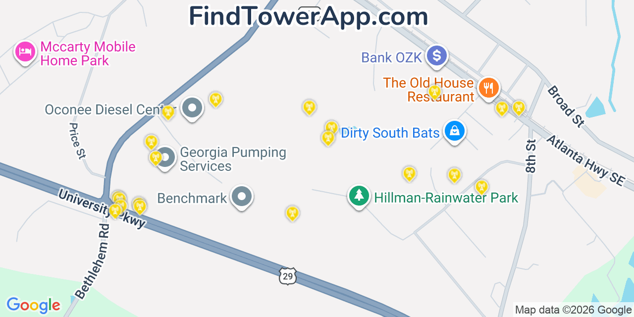 Map showing the 20 primary cell tower locations detected in Statham, Georgia from AT&T, Verizon, and T-Mobile networks