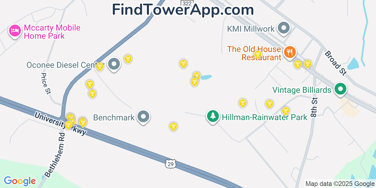 Map showing the 20 primary Mobitel cell tower locations detected in Statham, Georgia with coverage radius and signal strength indicators