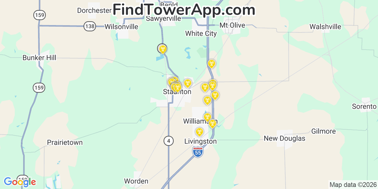 Map showing the 20 primary cell tower locations detected in Staunton, Illinois from AT&T, Verizon, and T-Mobile networks