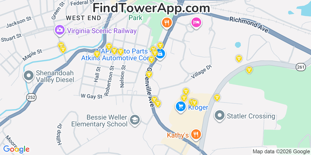 Map showing the 20 primary cell tower locations detected in Staunton, Virginia from AT&T, Verizon, and T-Mobile networks