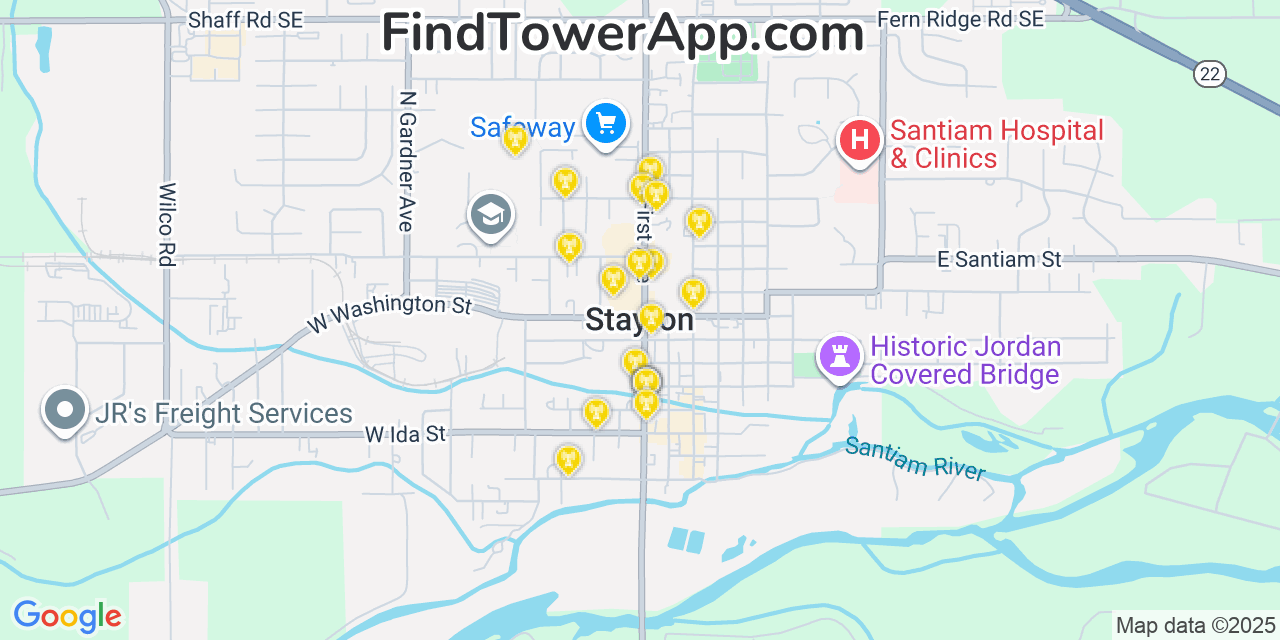 Map showing the 20 primary cell tower locations detected in Stayton, Oregon from AT&T, Verizon, and T-Mobile networks