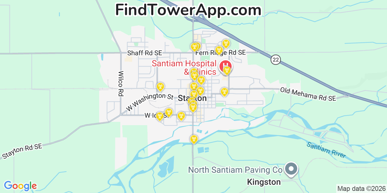 Map showing the 20 primary cell tower locations detected in Stayton, Oregon from AT&T, Verizon, and T-Mobile networks