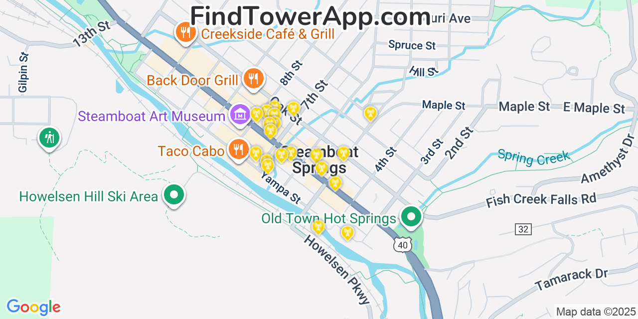 Map showing the 20 primary cell tower locations detected in Steamboat Springs, Colorado from AT&T, Verizon, and T-Mobile networks