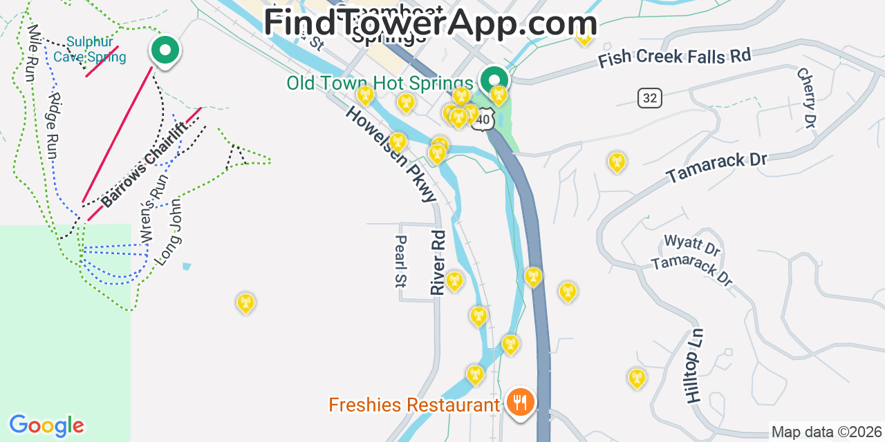 Map showing the 20 primary cell tower locations detected in Steamboat Springs, Colorado from AT&T, Verizon, and T-Mobile networks