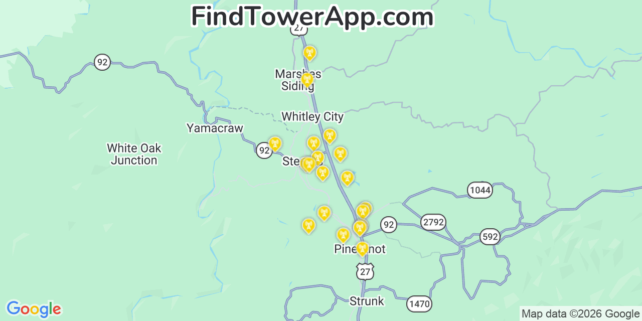 Map showing the 20 primary cell tower locations detected in Stearns, Kentucky from AT&T, Verizon, and T-Mobile networks