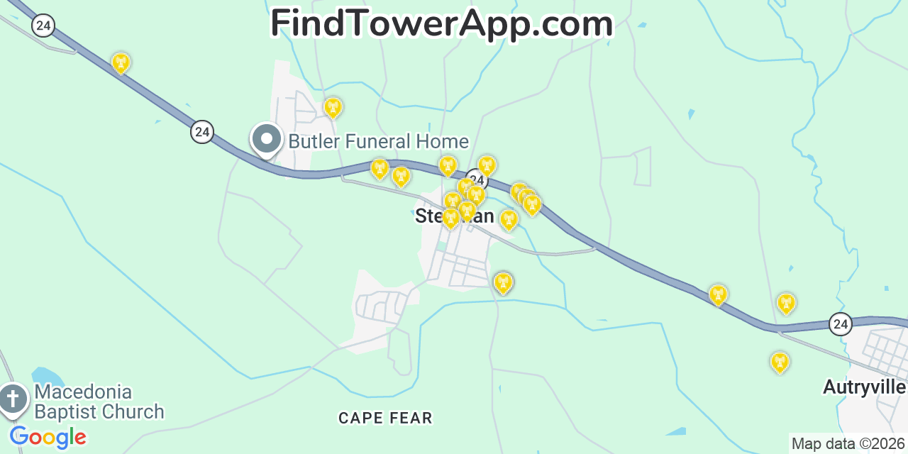 Map showing the 20 primary cell tower locations detected in Stedman, North Carolina from AT&T, Verizon, and T-Mobile networks