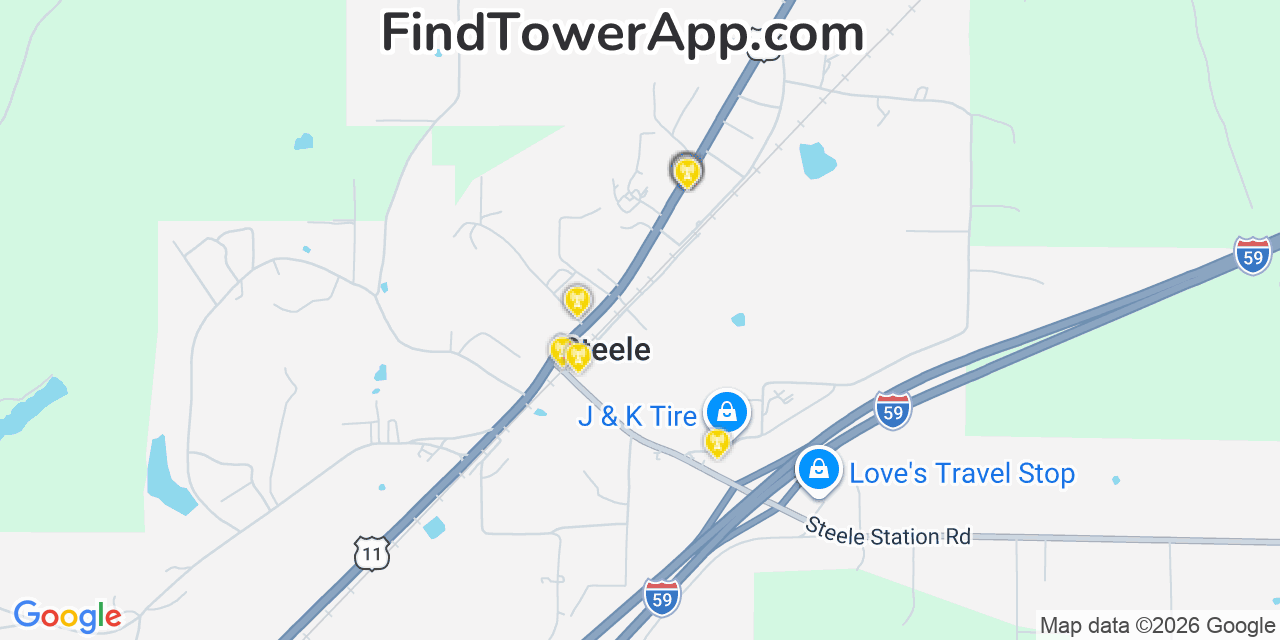 Map showing the 20 primary cell tower locations detected in Steele, Alabama from AT&T, Verizon, and T-Mobile networks
