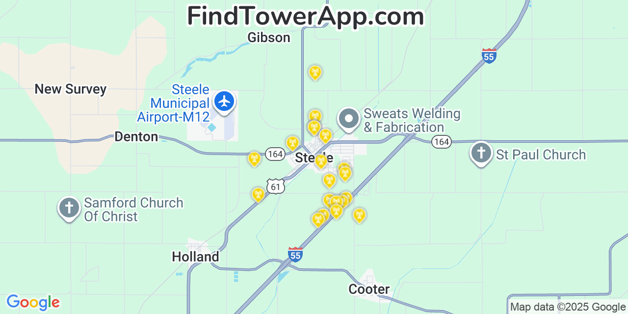 Map showing the 20 primary cell tower locations detected in Steele, Missouri from AT&T, Verizon, and T-Mobile networks