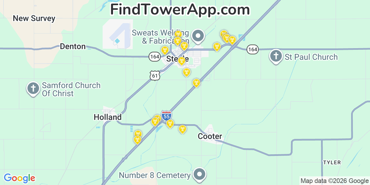 Map showing the 20 primary cell tower locations detected in Steele, Missouri from AT&T, Verizon, and T-Mobile networks