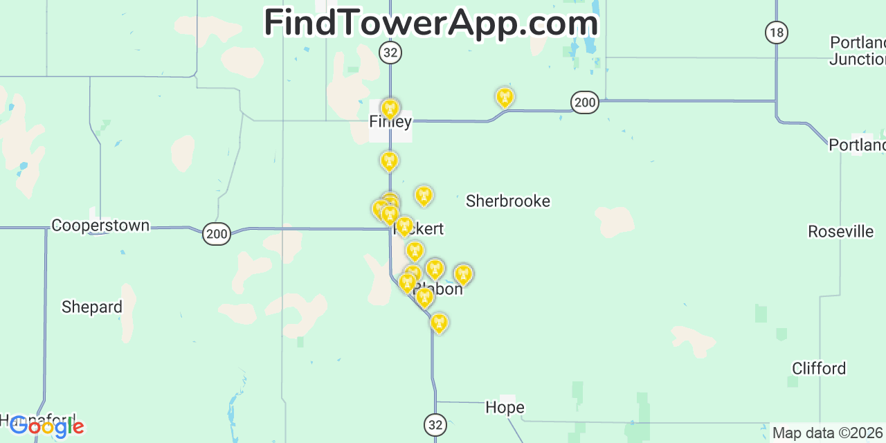 Map showing the 20 primary cell tower locations detected in Steele, North Dakota from AT&T, Verizon, and T-Mobile networks