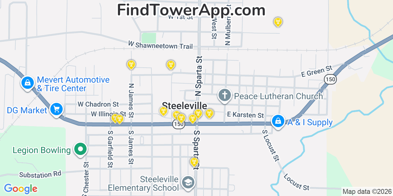 Map showing the 20 primary cell tower locations detected in Steeleville, Illinois from AT&T, Verizon, and T-Mobile networks