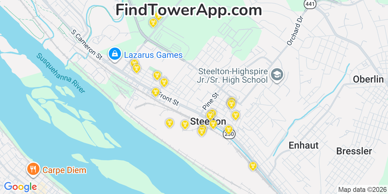 Map showing the 20 primary cell tower locations detected in Steelton, Pennsylvania from AT&T, Verizon, and T-Mobile networks