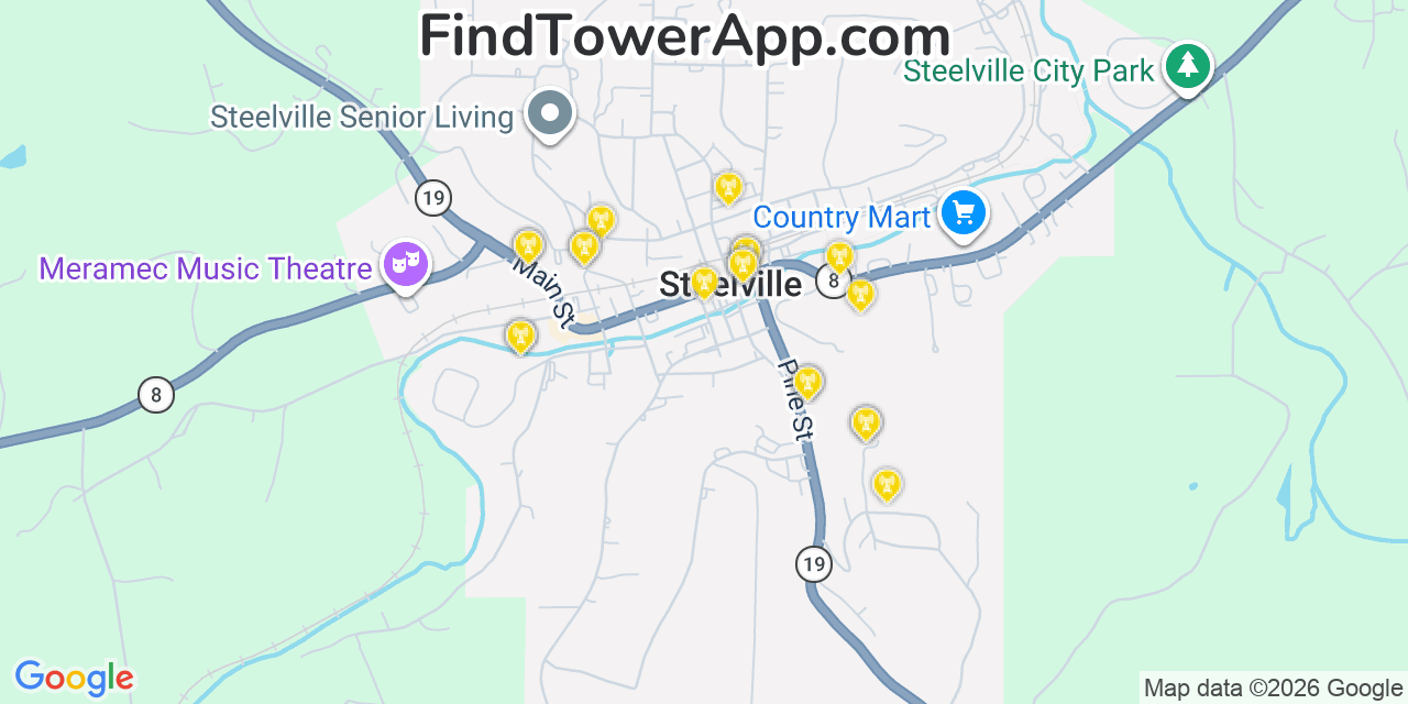 Map showing the 20 primary cell tower locations detected in Steelville, Missouri from AT&T, Verizon, and T-Mobile networks