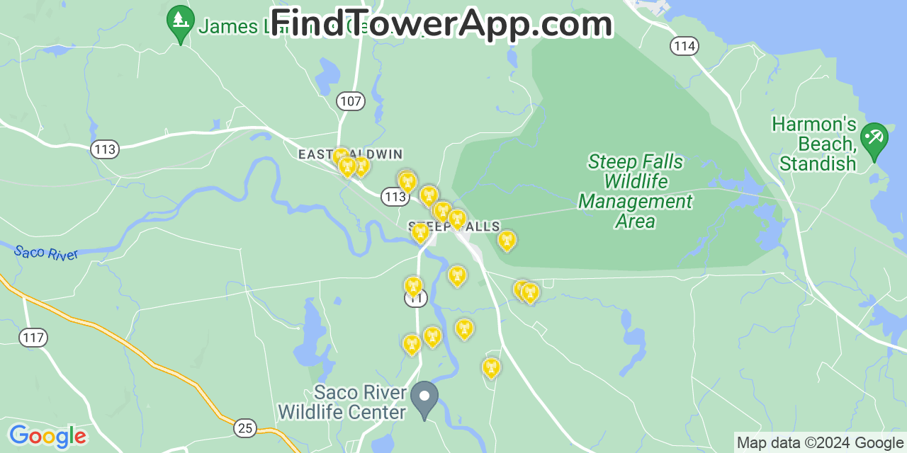 AT&T 4G/5G cell tower coverage map Steep Falls, Maine