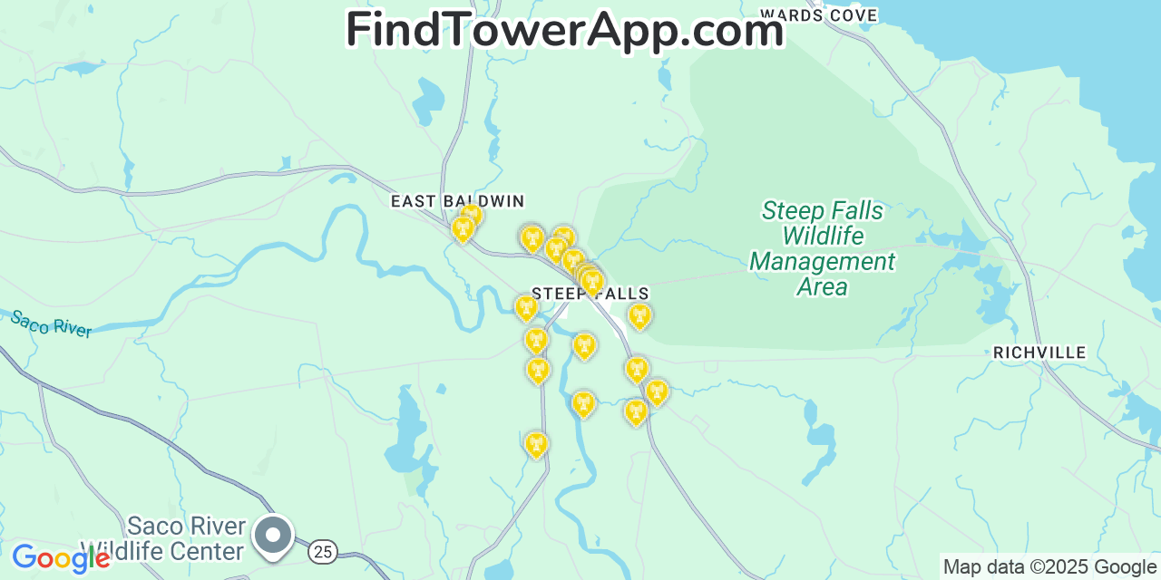 Map showing the 20 primary cell tower locations detected in Steep Falls, Maine from AT&T, Verizon, and T-Mobile networks