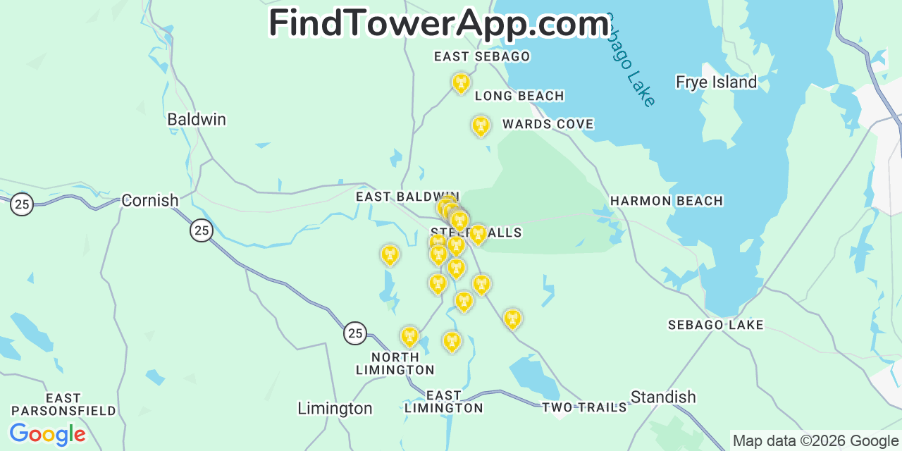 Map showing the 20 primary cell tower locations detected in Steep Falls, Maine from AT&T, Verizon, and T-Mobile networks