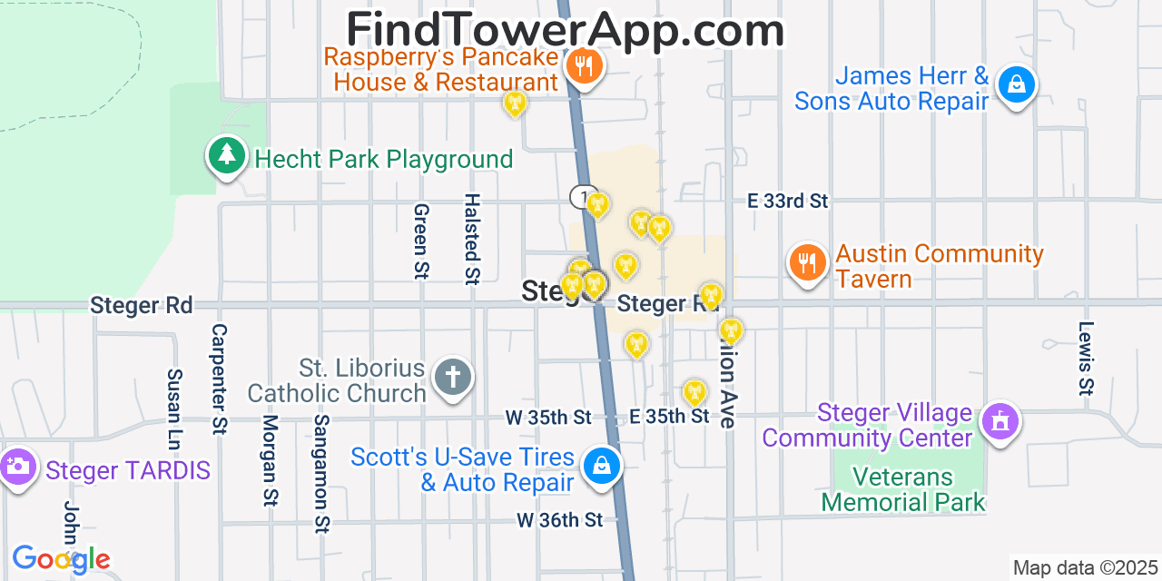 Map showing the 20 primary cell tower locations detected in Steger, Illinois from AT&T, Verizon, and T-Mobile networks