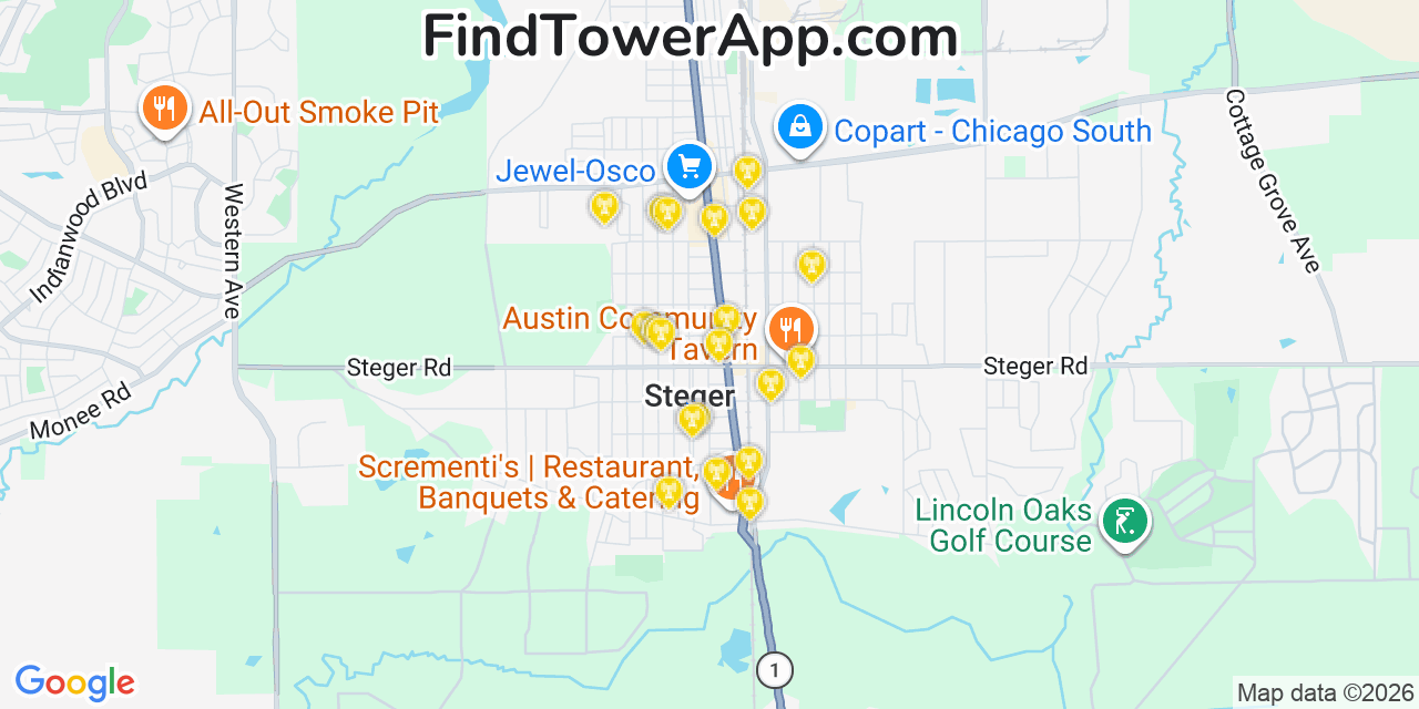 Map showing the 20 primary cell tower locations detected in Steger, Illinois from AT&T, Verizon, and T-Mobile networks