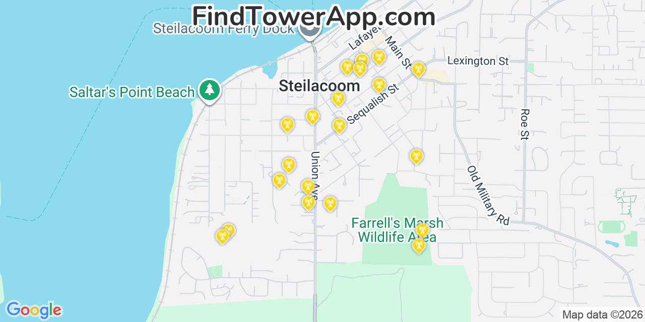 Map showing the 20 primary cell tower locations detected in Steilacoom, Washington from AT&T, Verizon, and T-Mobile networks
