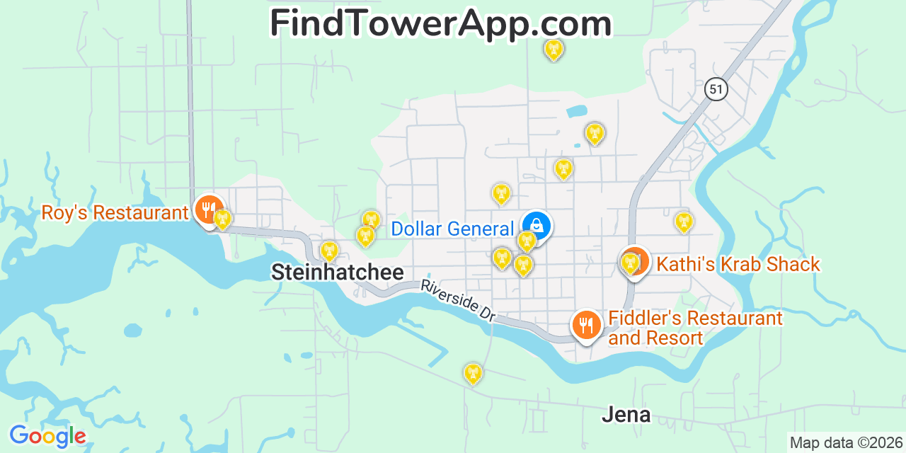 Map showing the 20 primary cell tower locations detected in Steinhatchee, Florida from AT&T, Verizon, and T-Mobile networks