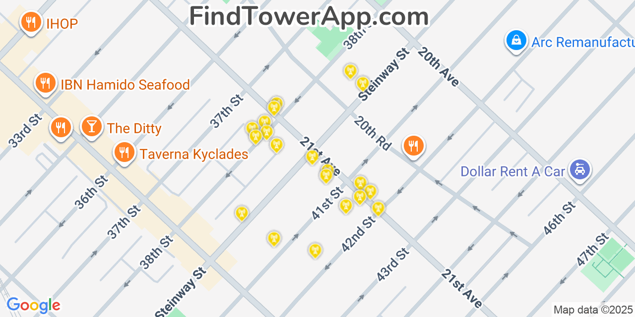 Map showing the 20 primary cell tower locations detected in Steinway, New York from AT&T, Verizon, and T-Mobile networks