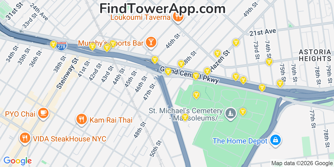 Map showing the 20 primary cell tower locations detected in Steinway, New York from AT&T, Verizon, and T-Mobile networks