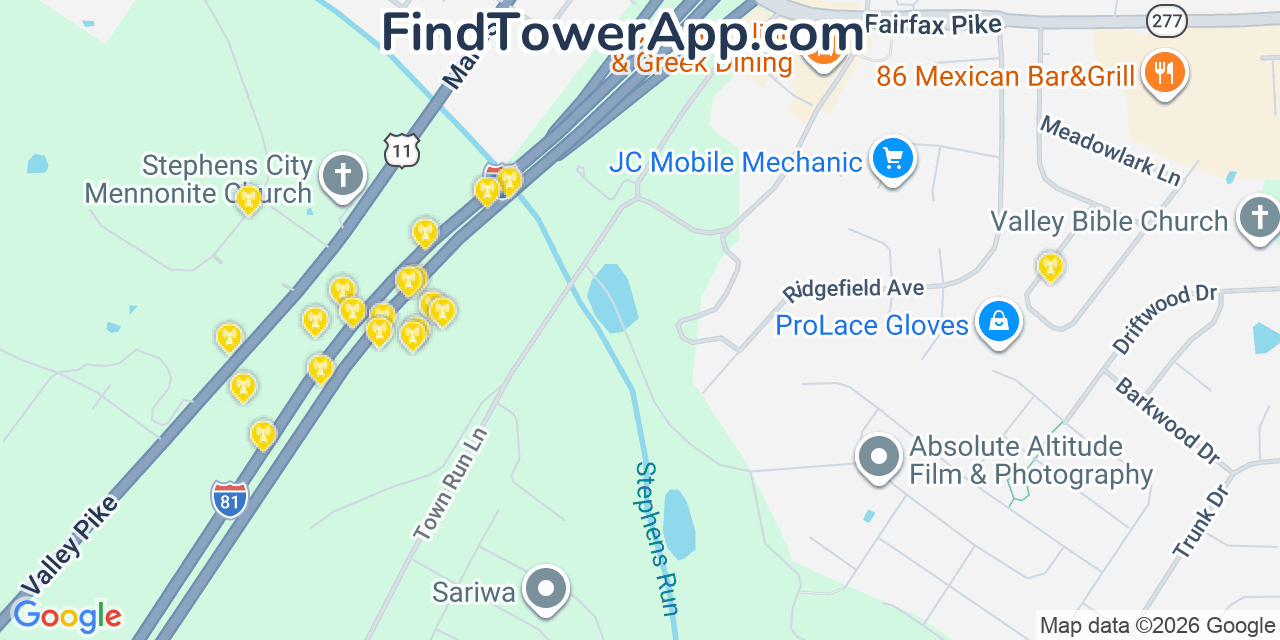 Map showing the 20 primary cell tower locations detected in Stephens City, Virginia from AT&T, Verizon, and T-Mobile networks