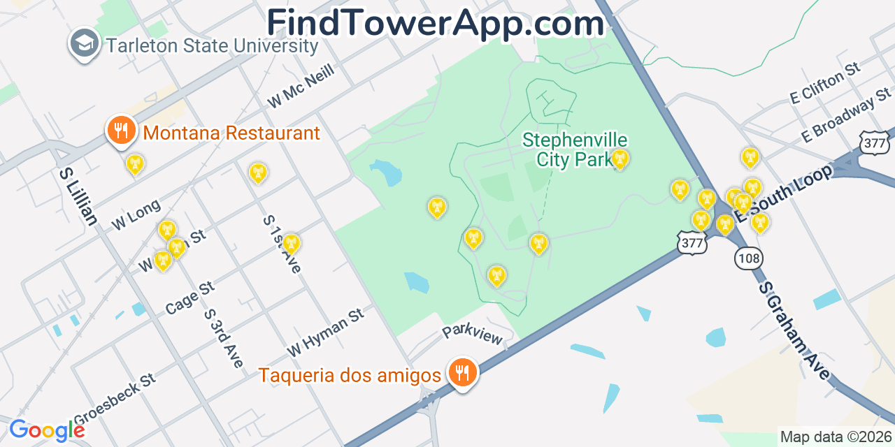 Map showing the 20 primary cell tower locations detected in Stephenville, Texas from AT&T, Verizon, and T-Mobile networks