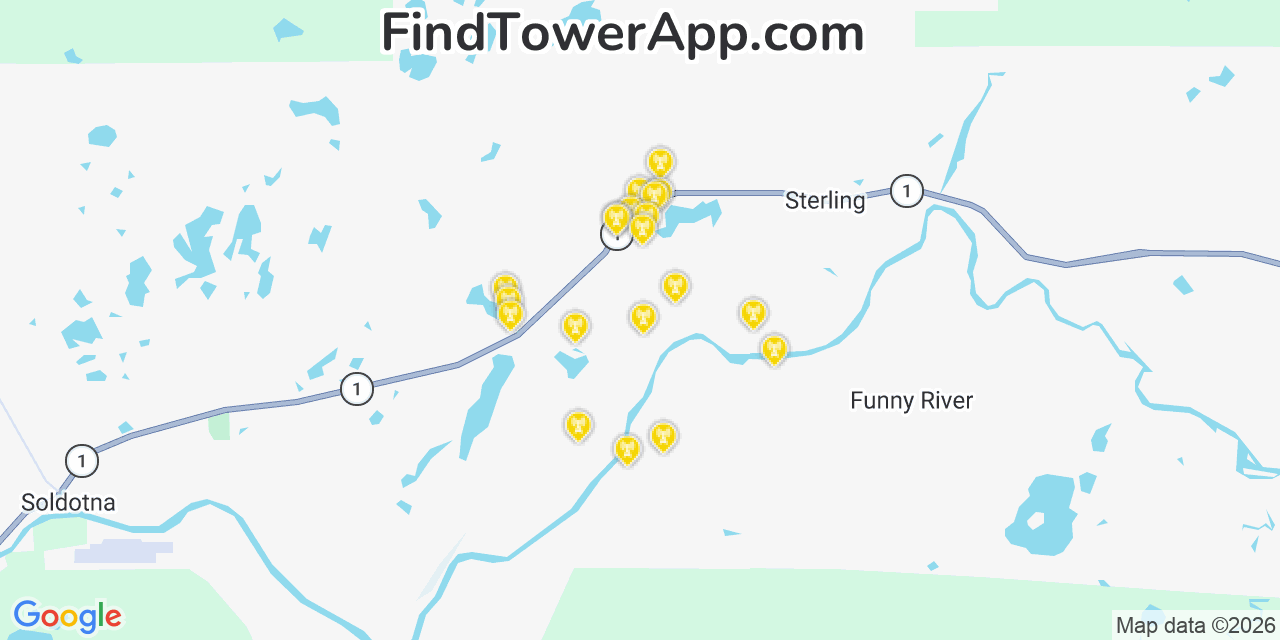 Map showing the 20 primary cell tower locations detected in Sterling, Alaska from AT&T, Verizon, and T-Mobile networks