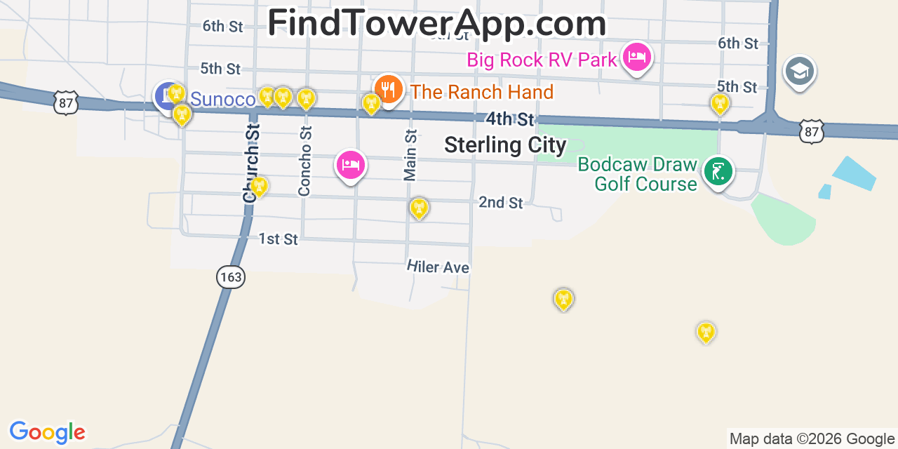 Map showing the 20 primary cell tower locations detected in Sterling City, Texas from AT&T, Verizon, and T-Mobile networks