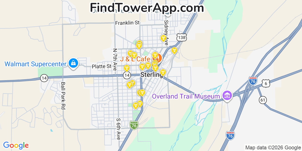 Map showing the 20 primary cell tower locations detected in Sterling, Colorado from AT&T, Verizon, and T-Mobile networks