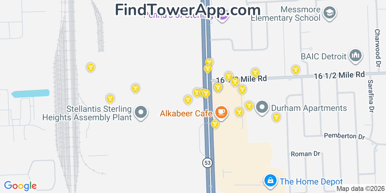 Map showing the 20 primary cell tower locations detected in Sterling Heights, Michigan from AT&T, Verizon, and T-Mobile networks