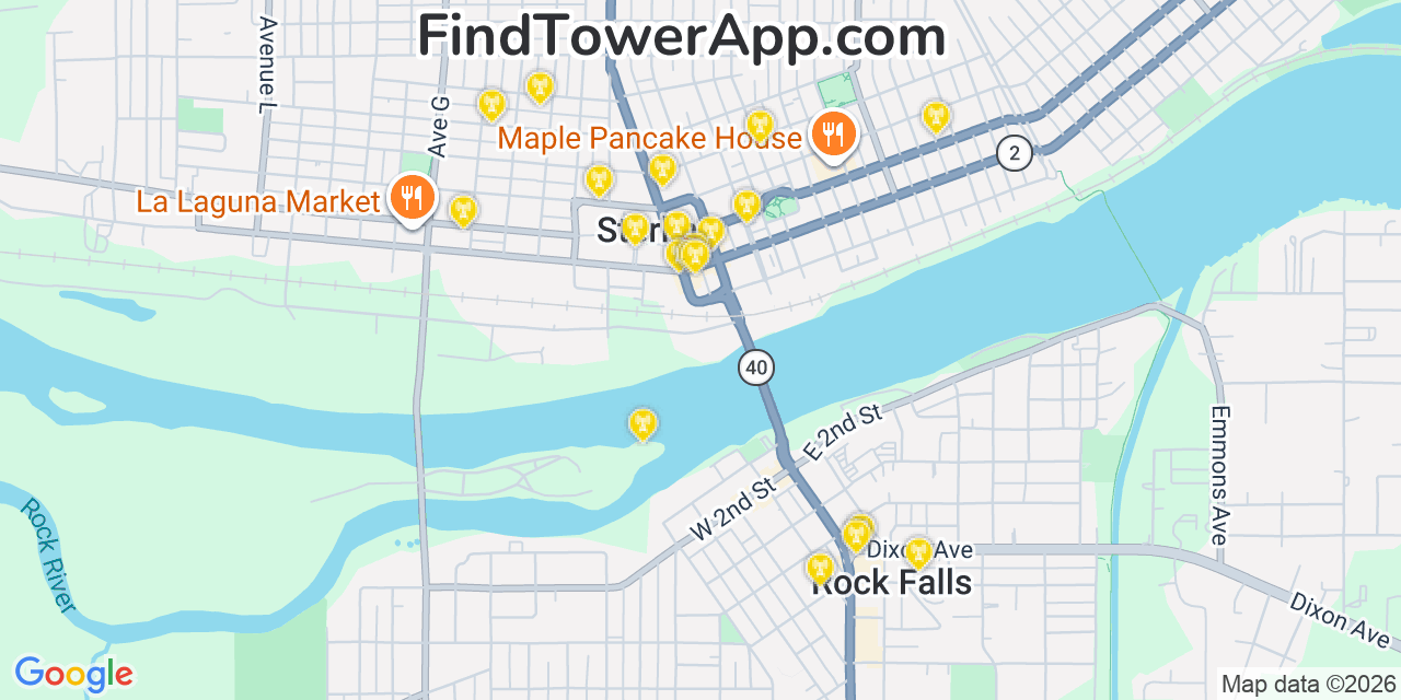 Map showing the 20 primary cell tower locations detected in Sterling, Illinois from AT&T, Verizon, and T-Mobile networks
