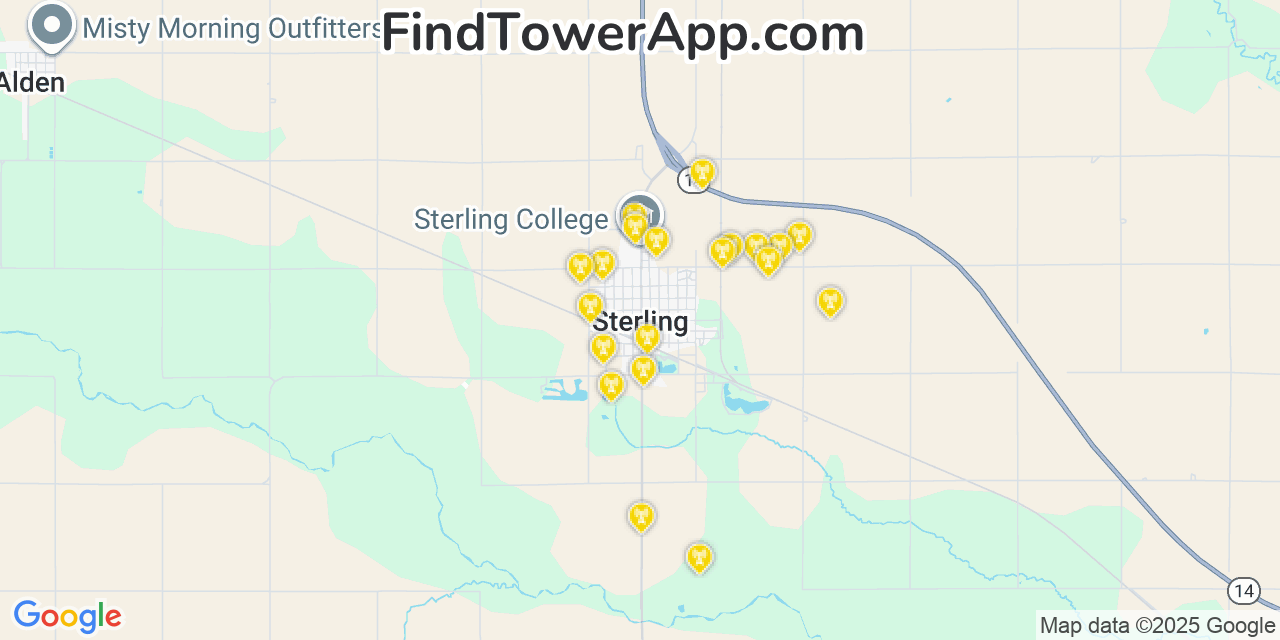 Map showing the 20 primary cell tower locations detected in Sterling, Kansas from AT&T, Verizon, and T-Mobile networks